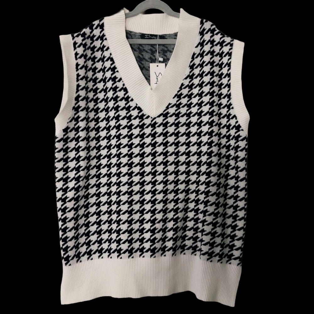 Simplee Houndstooth Sweater Vest One Size Black White Preppy Academia NWT Womens